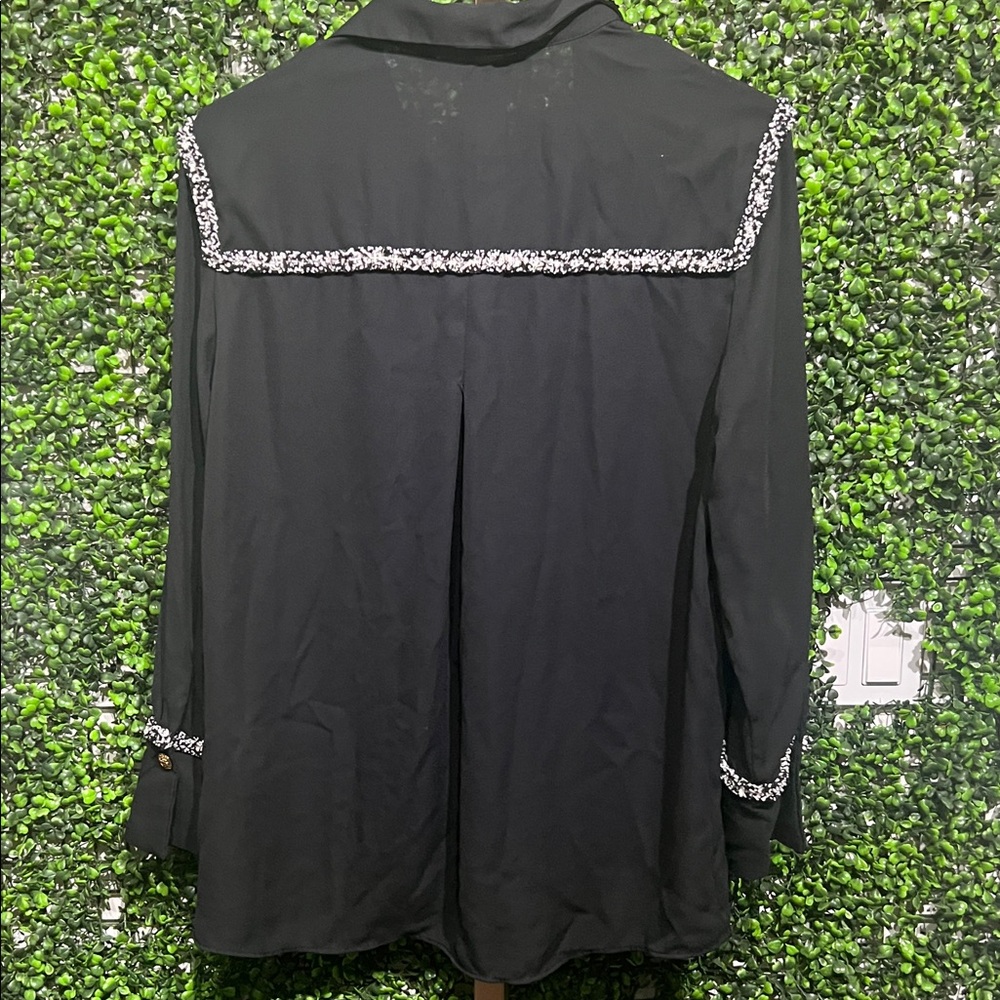 Zara Black Button Down Black Contrast Textured Shirt Embellishments size Small - Picture 8 of 9